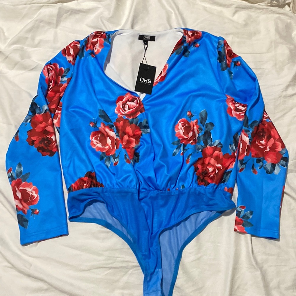 Blue and Red Long Sleev Floral Bodysuit